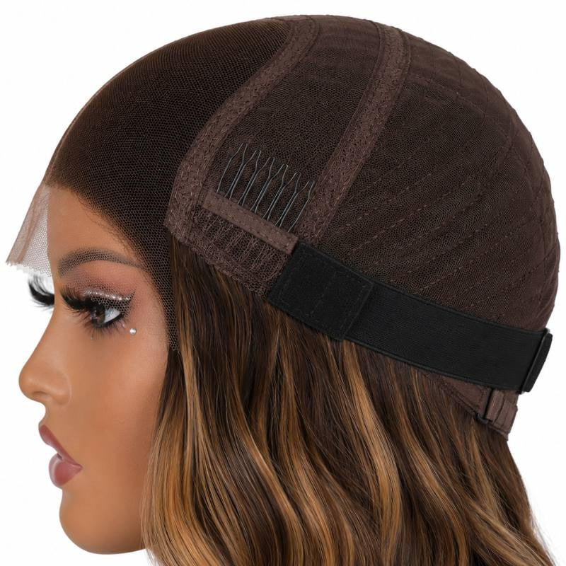 Side of a body wave human hair wig cap on a mannequin showing a comb, the elastic band and toffee toned waves below