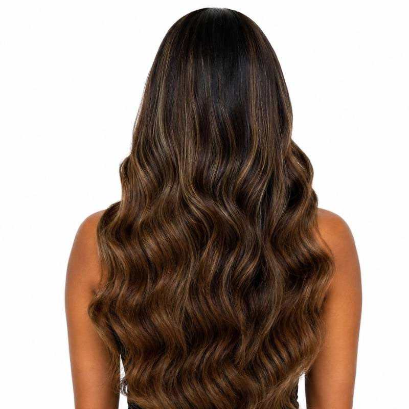 Back view of a natural black body wave human hair wig on a model showing dark roots melting into chocolate brown and toffee waves