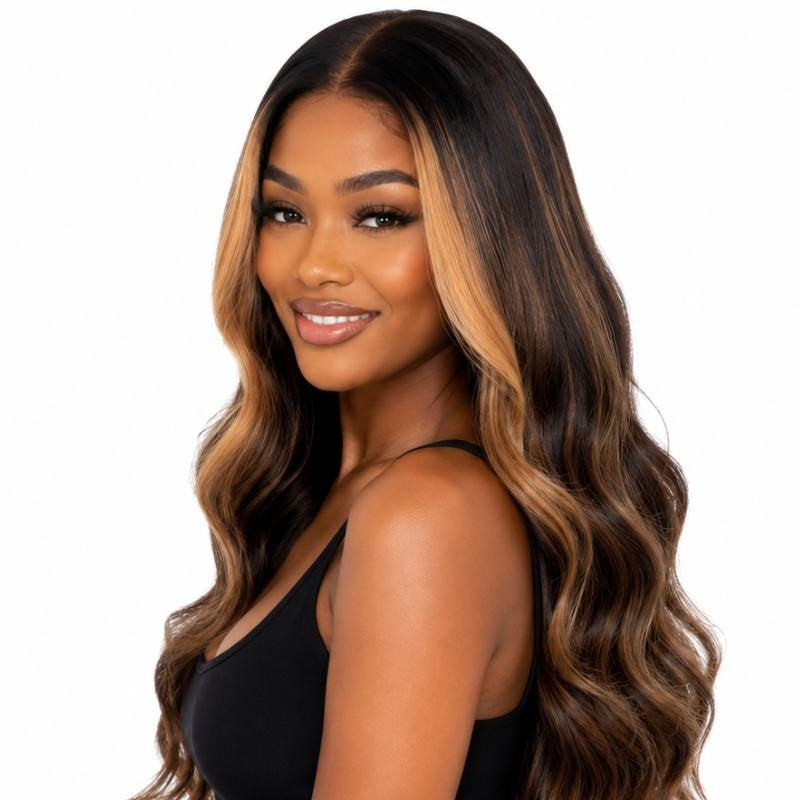 Model turned over the shoulder in a natural black body wave human hair wig with toffee balayage pieces at the front and waves down the back
