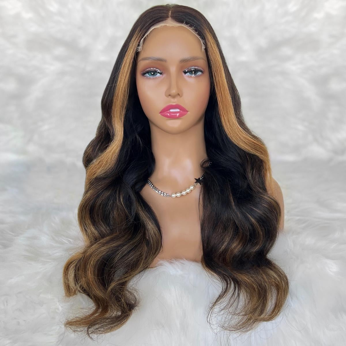 Raw Body Wave Glueless 5x5 HD Lace Closure Wig - Natural Black / Honey Blonde Balayage (1B/27) - dark brown body wave with honey blonde face-framing highlights, front view
