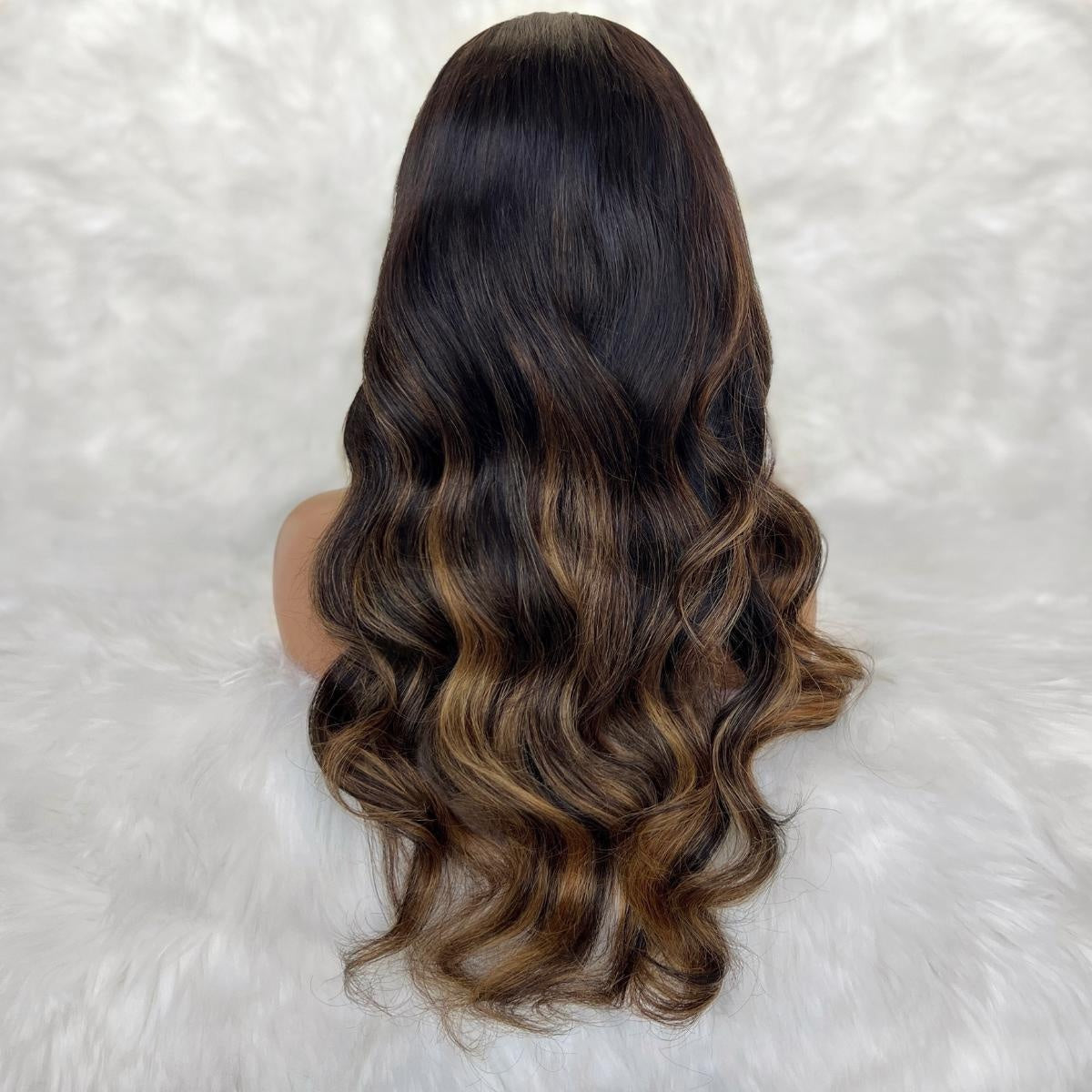 Raw Body Wave Glueless 5x5 HD Lace Closure Wig - Natural Black / Honey Blonde Balayage (1B/27) - dark brown body wave with blonde highlights, long flowing waves, back view