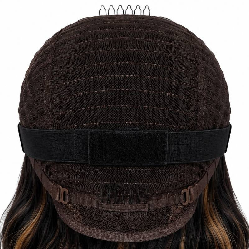Back of a body wave human hair wig cap showing the elastic band with fastening pad, adjustable buckles and a comb above honey blonde streaked waves
