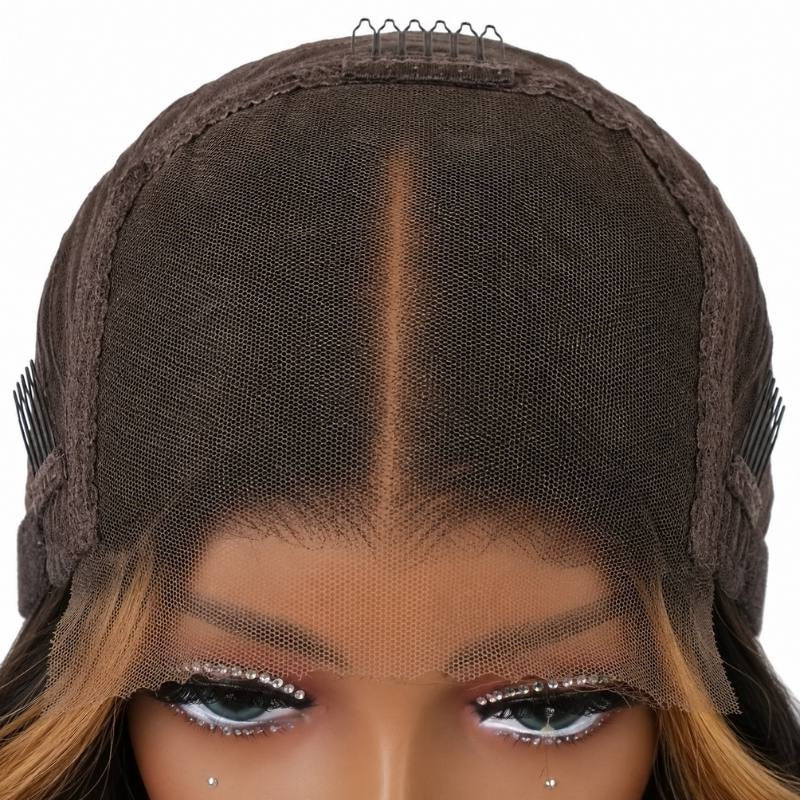Front of a body wave human hair wig cap on a mannequin showing the closure panel with a centre parting, combs at the temples and lace at the hairline