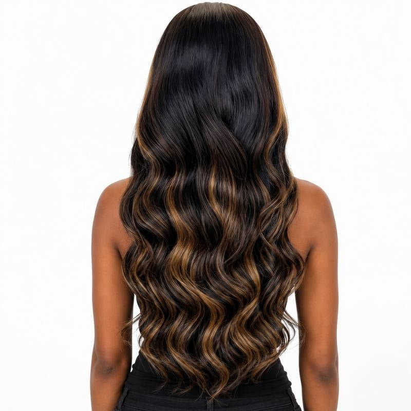 Back view of a natural black body wave human hair wig on a model showing honey blonde balayage sweeping through the waves