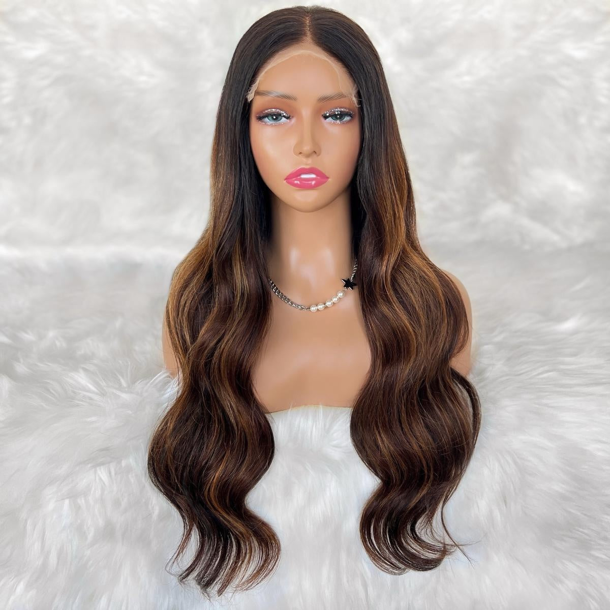 Raw Body Wave Glueless 5x5 HD Lace Closure Wig - Natural Black / Toffee Balayage (1B/30) - dark brown balayage body wave with caramel highlights, front view on mannequin