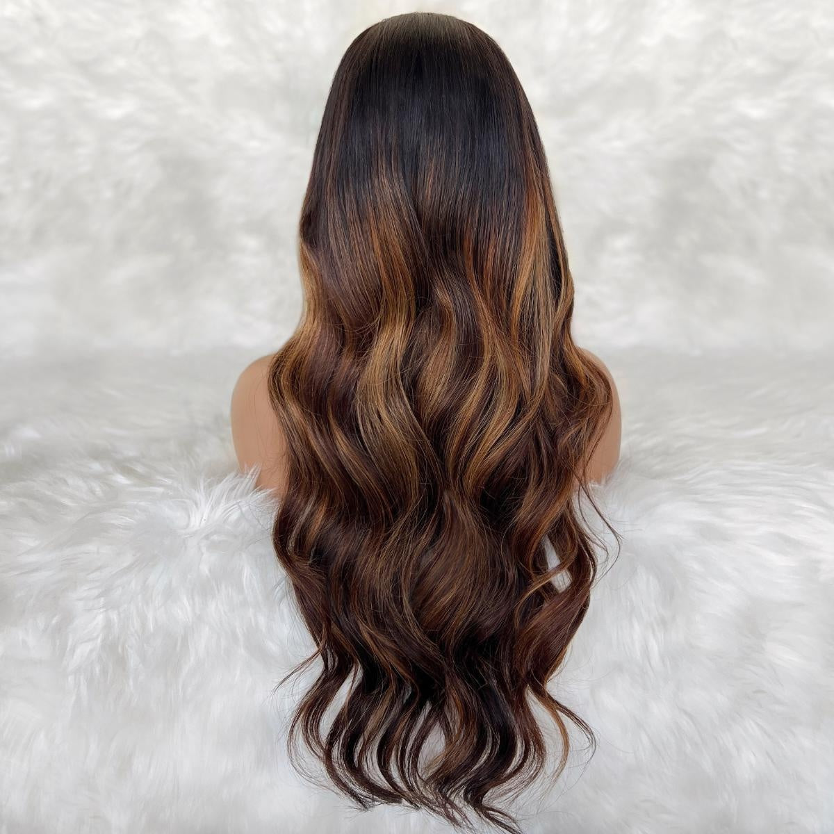 Raw Body Wave Glueless 5x5 HD Lace Closure Wig - Natural Black / Toffee Balayage (1B/30) - brown balayage body wave with caramel highlights, long loose waves, back view