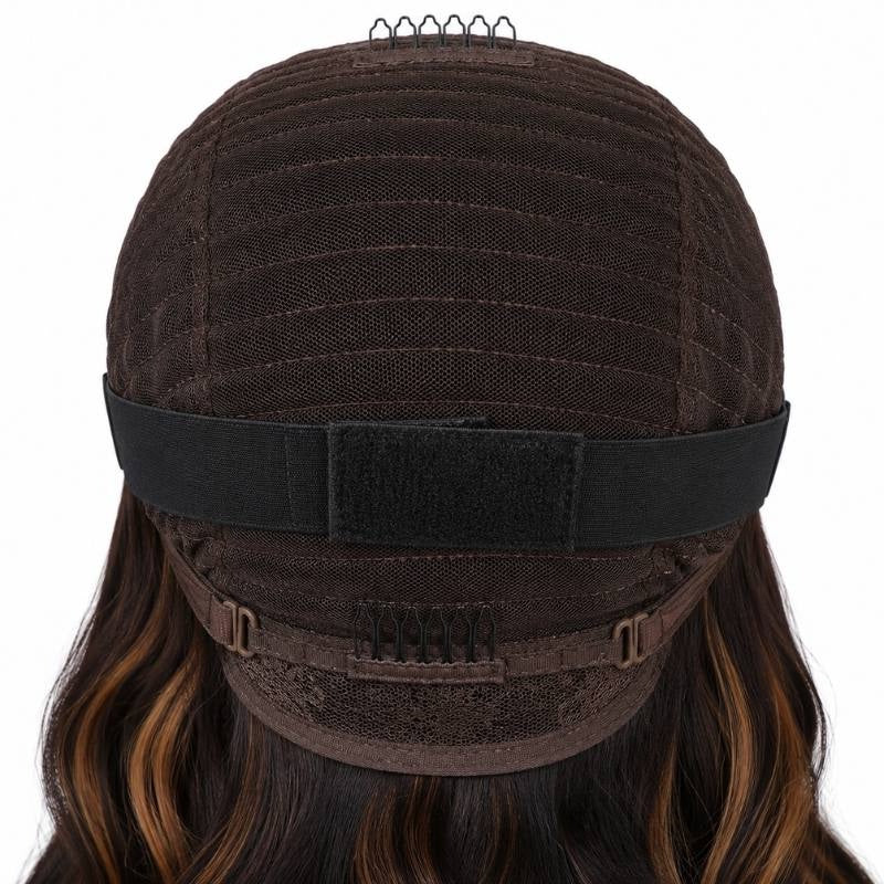 Back of a body wave human hair wig cap showing the elastic band with fastening pad, adjustable buckles and a comb above toffee streaked waves