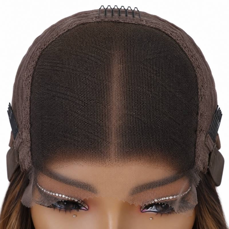Front of a body wave human hair wig cap on a mannequin showing the closure panel with a centre parting, combs at the temples and lace at the hairline