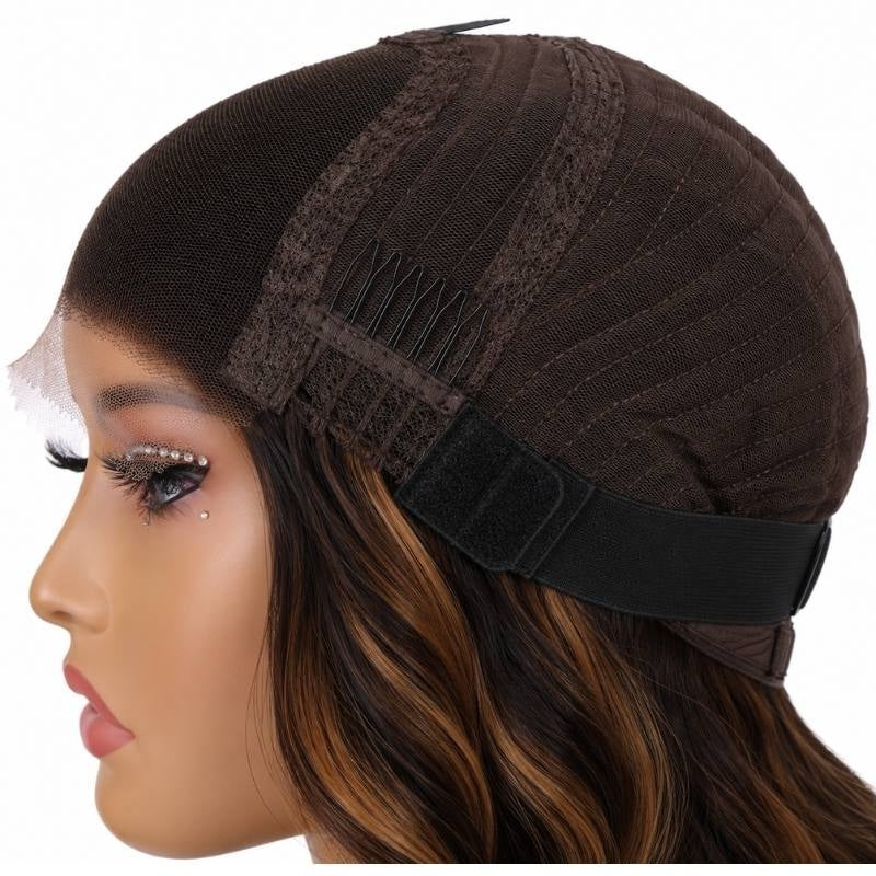 Side of a body wave human hair wig cap on a mannequin showing a comb, the elastic band and toffee streaked waves below