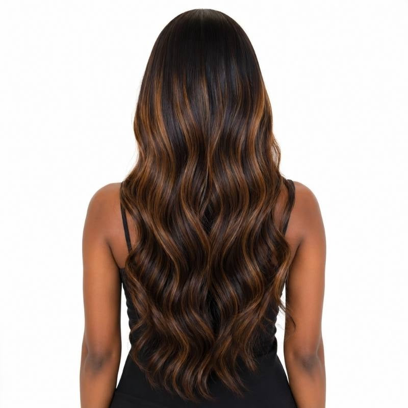Back view of a natural black body wave human hair wig on a model showing toffee balayage ribboning through the waves
