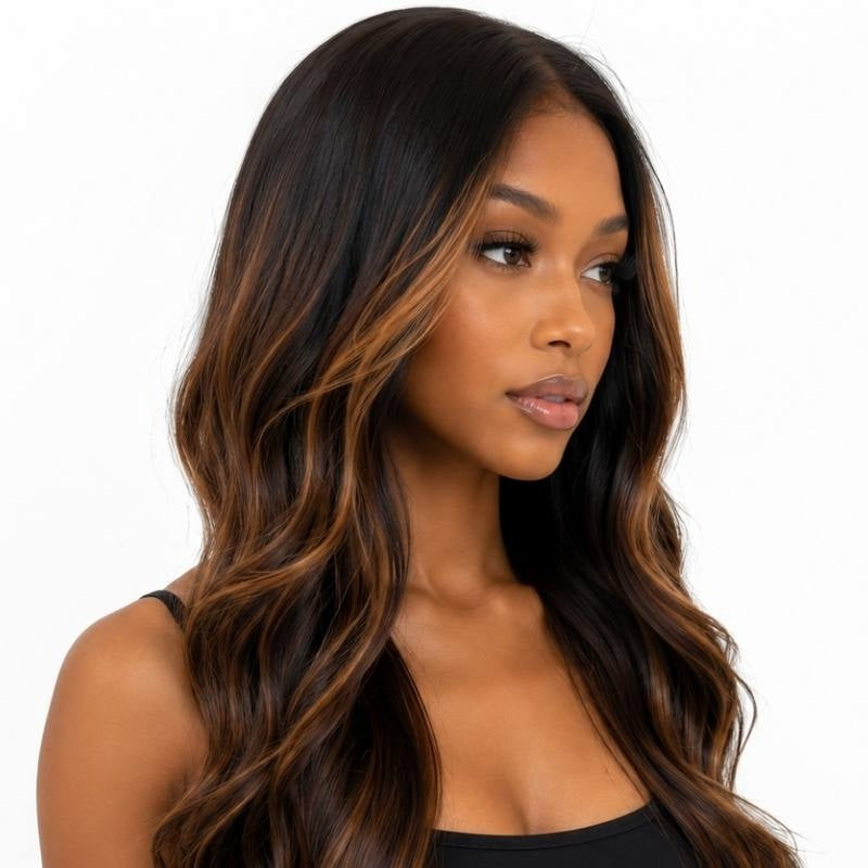 Model turned away from the camera in a natural black body wave human hair wig with toffee balayage lighting the pieces around the face