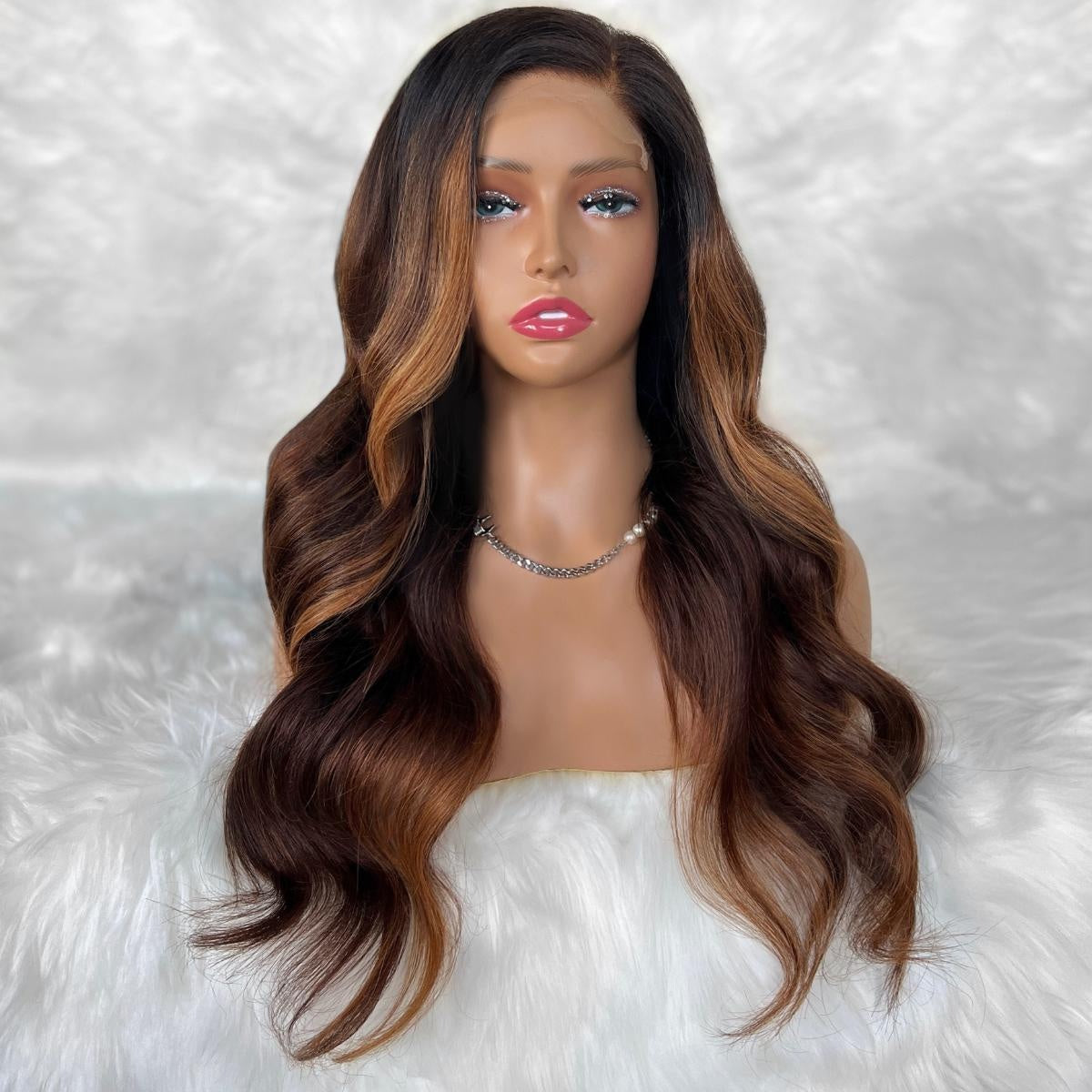 Raw Body Wave Glueless 5x5 HD Lace Closure Wig - Natural Black / Toffee / Burgundy Balayage (1B/30/99J) - dark brown body wave with caramel money-piece highlights, long waves, front view