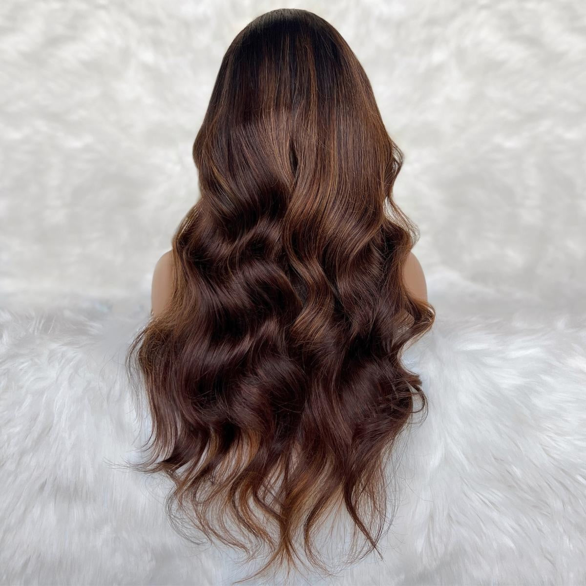Raw Body Wave Glueless 5x5 HD Lace Closure Wig - Natural Black / Toffee / Burgundy Balayage (1B/30/99J) - dark brown body wave with caramel highlights, long voluminous waves, back view