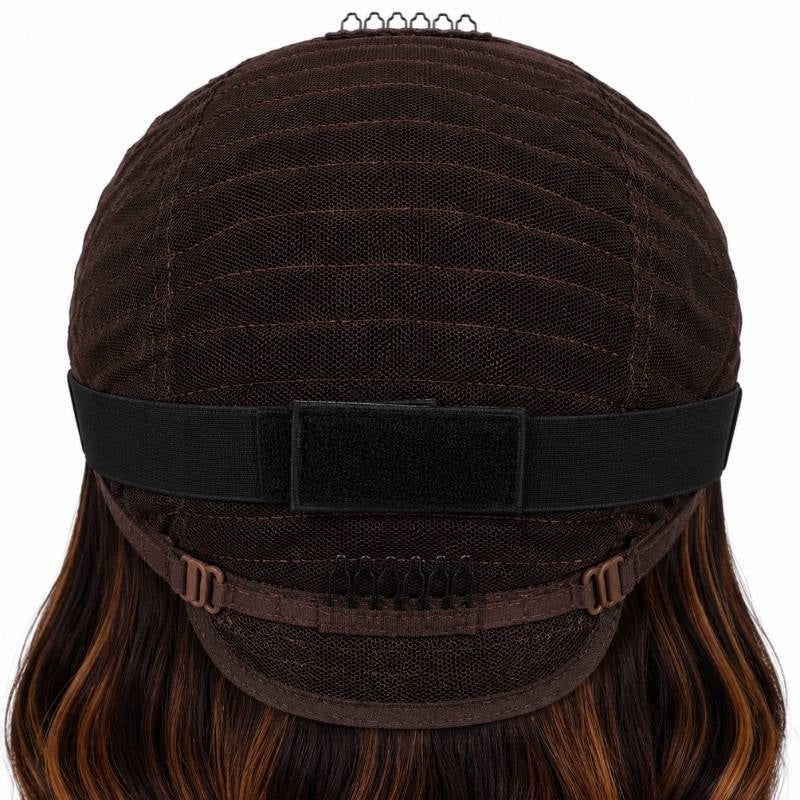 Back of a body wave human hair wig cap showing the elastic band with fastening pad, adjustable buckles and a comb at the nape