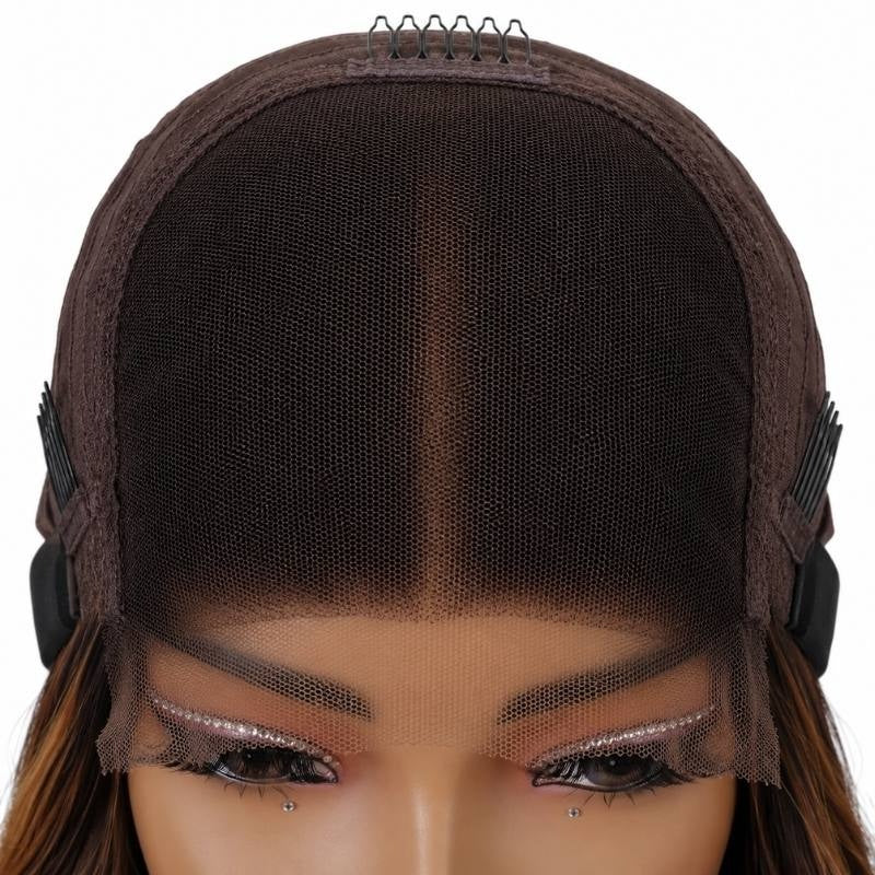 Front of a body wave human hair wig cap on a mannequin showing the closure panel with a centre parting, combs at the temples and lace at the hairline