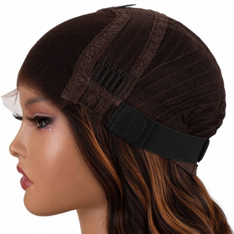 Side of a body wave human hair wig cap on a mannequin showing a comb, the elastic band and warm toffee streaks in the hair below