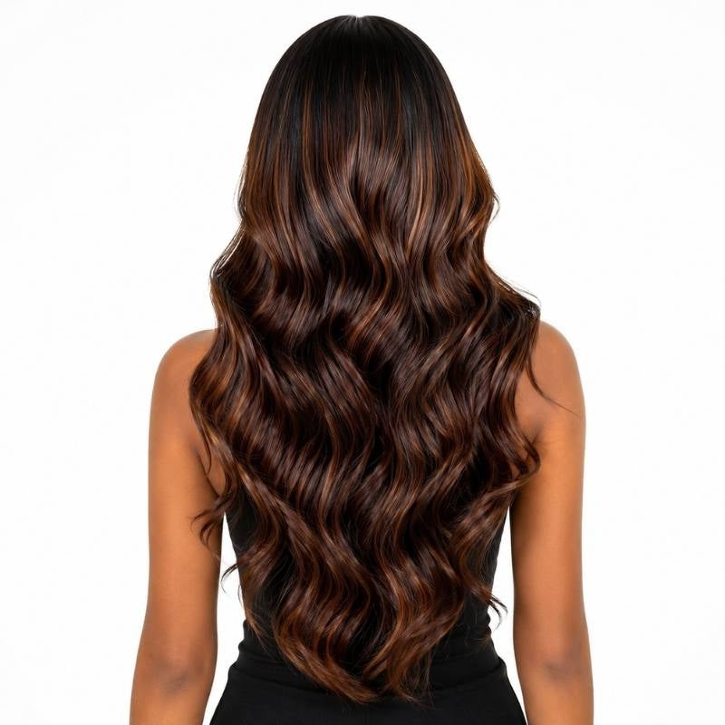 Back view of a natural black body wave human hair wig on a model showing toffee and burgundy balayage through the wave pattern