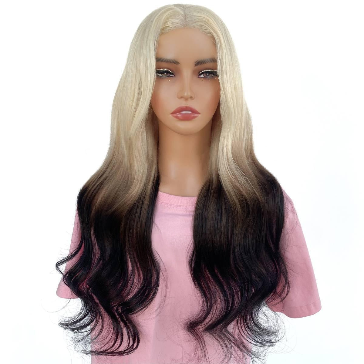 Raw Body Wave Glueless 5x5 HD Lace Closure Wig - Blonde / Natural Black Reverse Ombre (613/1B) - platinum blonde to black ombre body wave, long, front view on model
