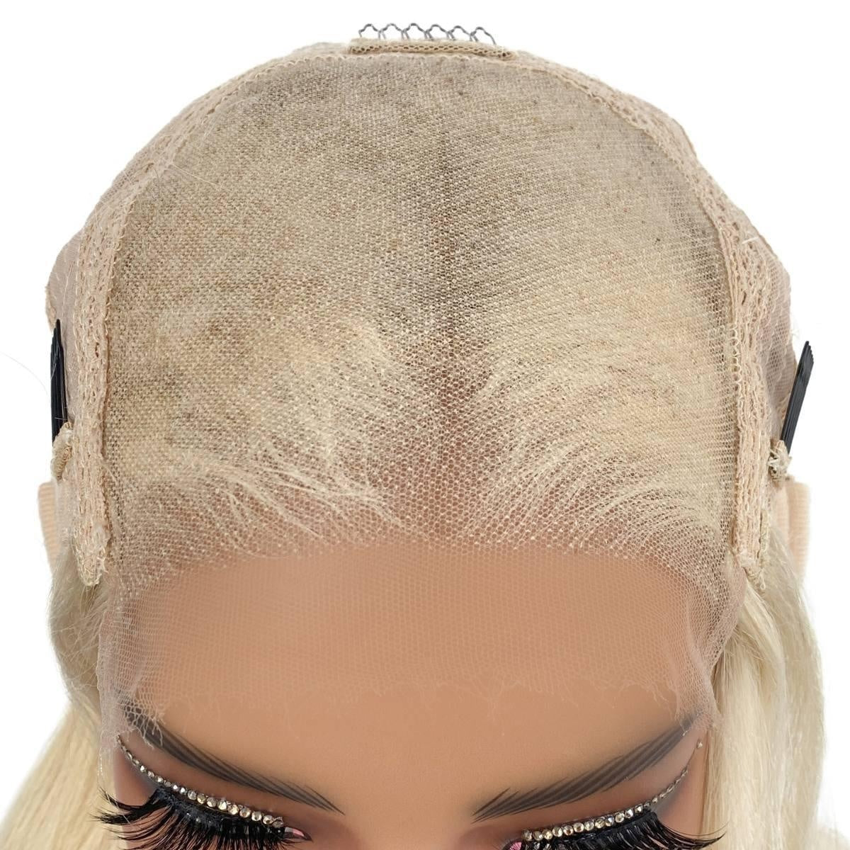 Raw Body Wave Glueless 5x5 HD Lace Closure Wig - Blonde / Natural Black Reverse Ombre (613/1B) - cap, transparent lace front parting closeup on blonde hair