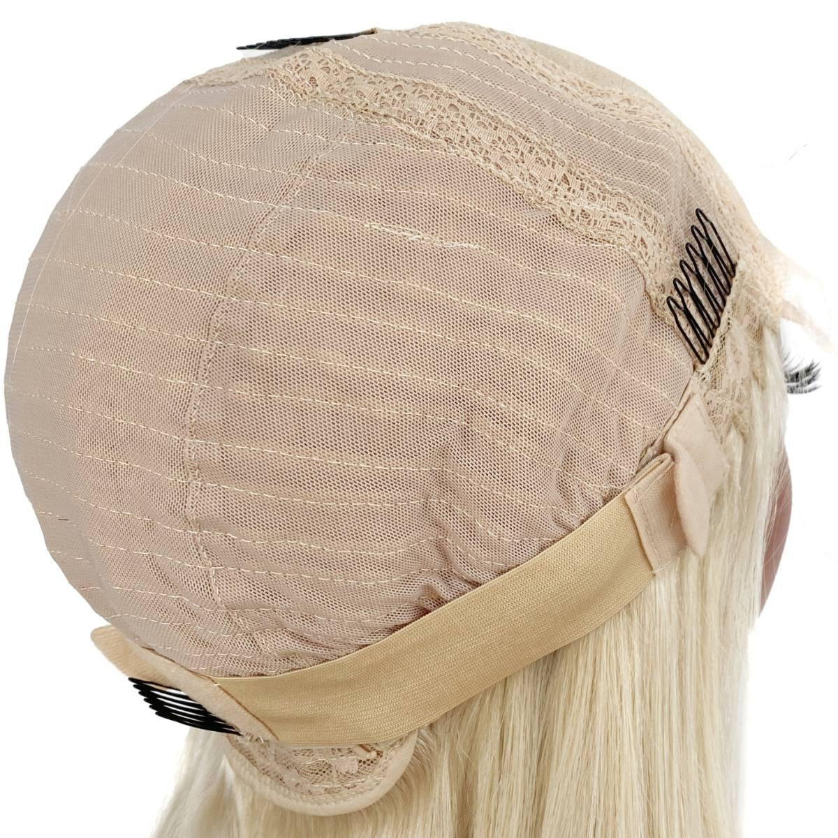 Raw Body Wave Glueless 5x5 HD Lace Closure Wig - Blonde / Natural Black Reverse Ombre (613/1B) - cap interior side view showing adjustable straps and combs, blonde hair