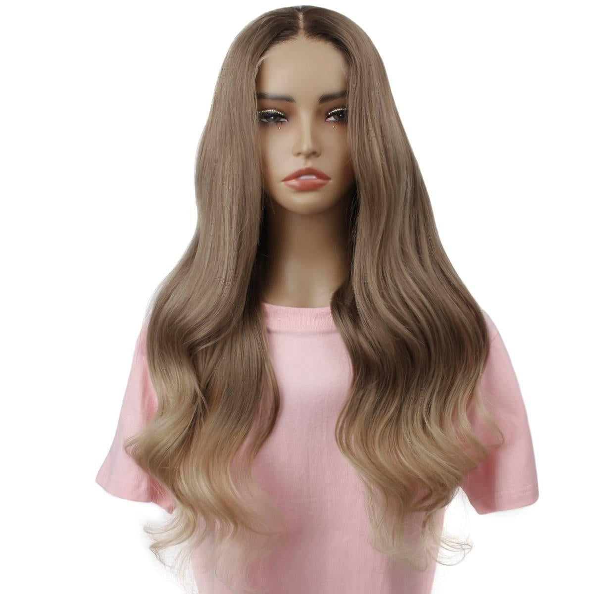 Raw Body Wave Glueless 5x5 HD Lace Closure Wig - Dark Brown / Chocolate Brown / Platinum Blonde Ombre (2/4/60) - ash-brown rooted blonde ombre long loose body wave, front view on mannequin