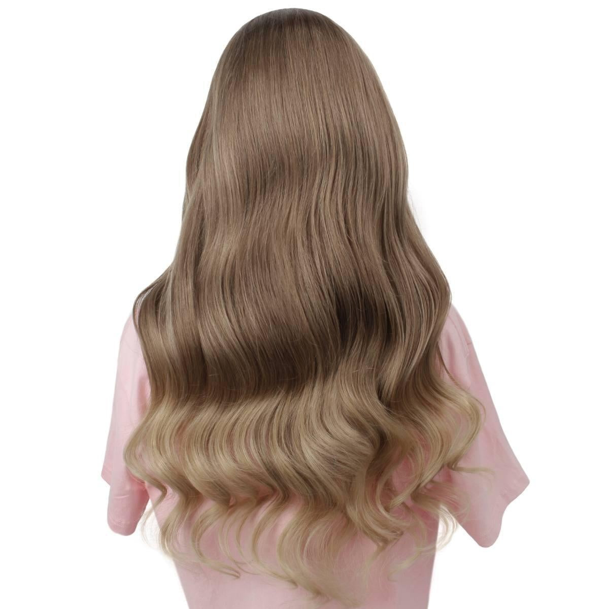 Raw Body Wave Glueless 5x5 HD Lace Closure Wig - Dark Brown / Chocolate Brown / Platinum Blonde Ombre (2/4/60) - rooted ash-brown to blonde ombre body wave long waves, back view
