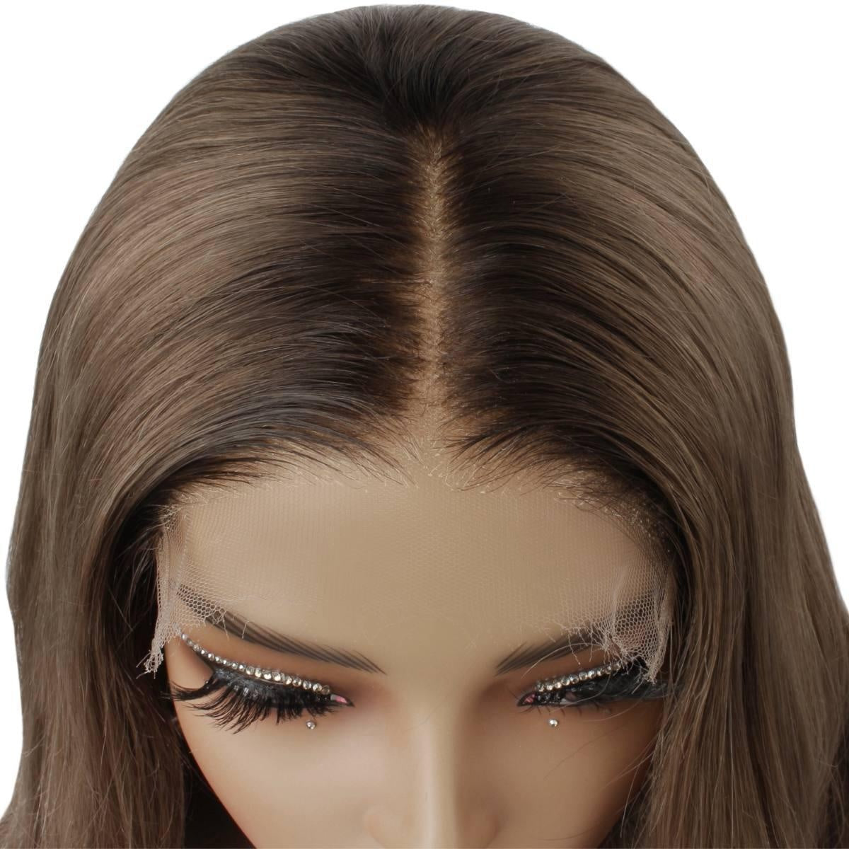 Raw Body Wave Glueless 5x5 HD Lace Closure Wig - Dark Brown / Chocolate Brown / Platinum Blonde Ombre (2/4/60) - middle-part closeup, ash-brown roots, natural scalp parting
