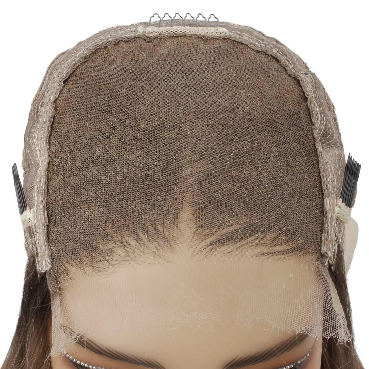 Raw Body Wave Glueless 5x5 HD Lace Closure Wig - Dark Brown / Chocolate Brown / Platinum Blonde Ombre (2/4/60) - cap interior front, lace with adjustable combs and straps
