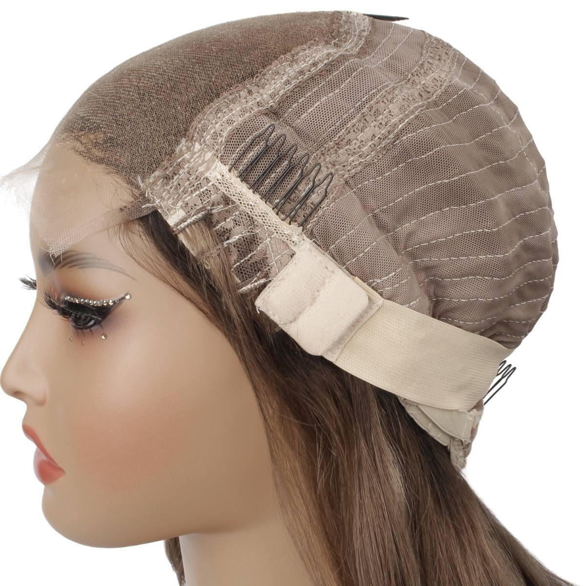 Raw Body Wave Glueless 5x5 HD Lace Closure Wig - Dark Brown / Chocolate Brown / Platinum Blonde Ombre (2/4/60) - cap side view showing combs, adjustable strap and lace edge