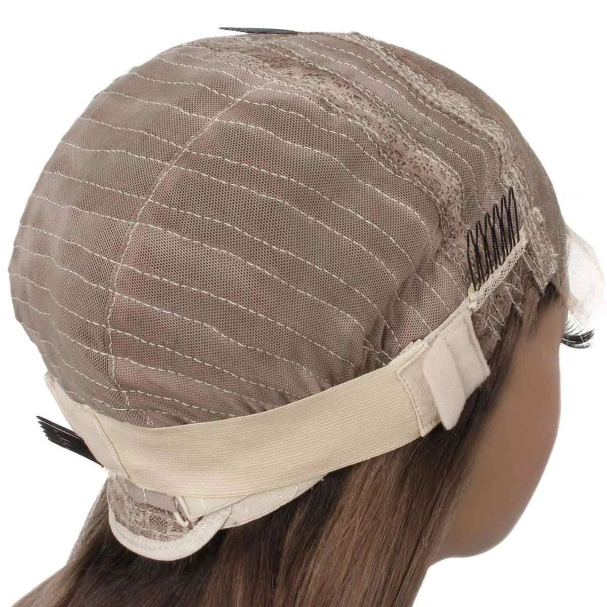 Angled back view of a body wave human hair wig cap on a mannequin showing the elastic band, a nape comb and stitched mesh above brown hair