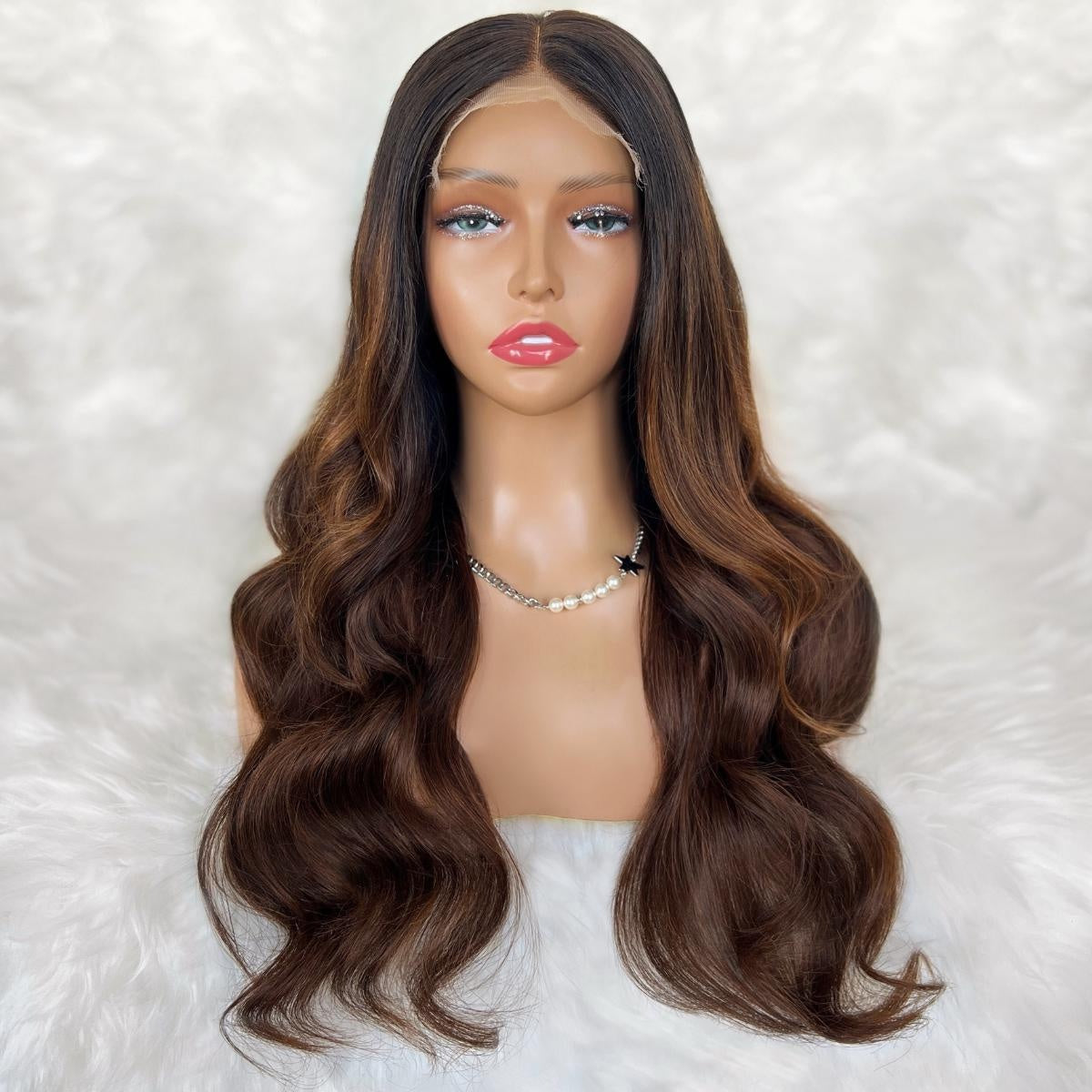 Raw Body Wave Glueless 5x5 HD Lace Closure Wig - Dark Brown / Toffee Ombre (2/30) - chocolate brown body wave with subtle warm highlights, long waves, front view