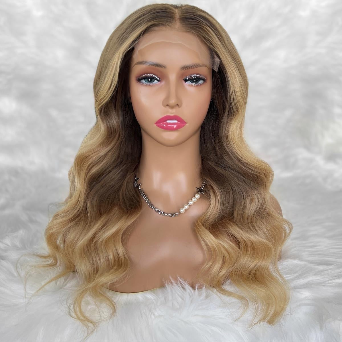 Raw Body Wave Glueless 5x5 HD Lace Closure Wig - Chocolate Brown / Blonde Ombre (4/613) - dark-root honey blonde ombre body wave, long, front view on model