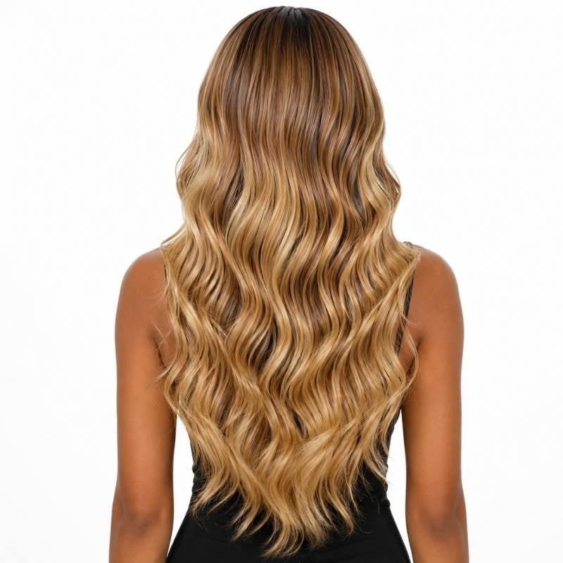 Back view of a chocolate brown to blonde ombre body wave human hair wig on a model showing darker roots grading into blonde waves
