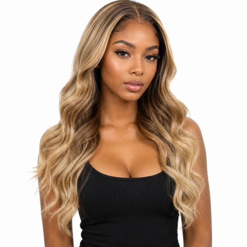 Model wearing a chocolate brown to blonde ombre body wave human hair wig with darker roots at the parting and blonde through the lengths