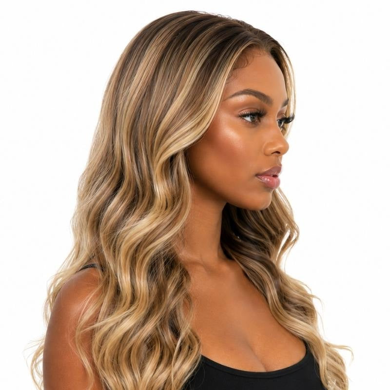 Profile view of a model wearing a chocolate brown to blonde ombre body wave human hair wig with blonde ribbons through the waves