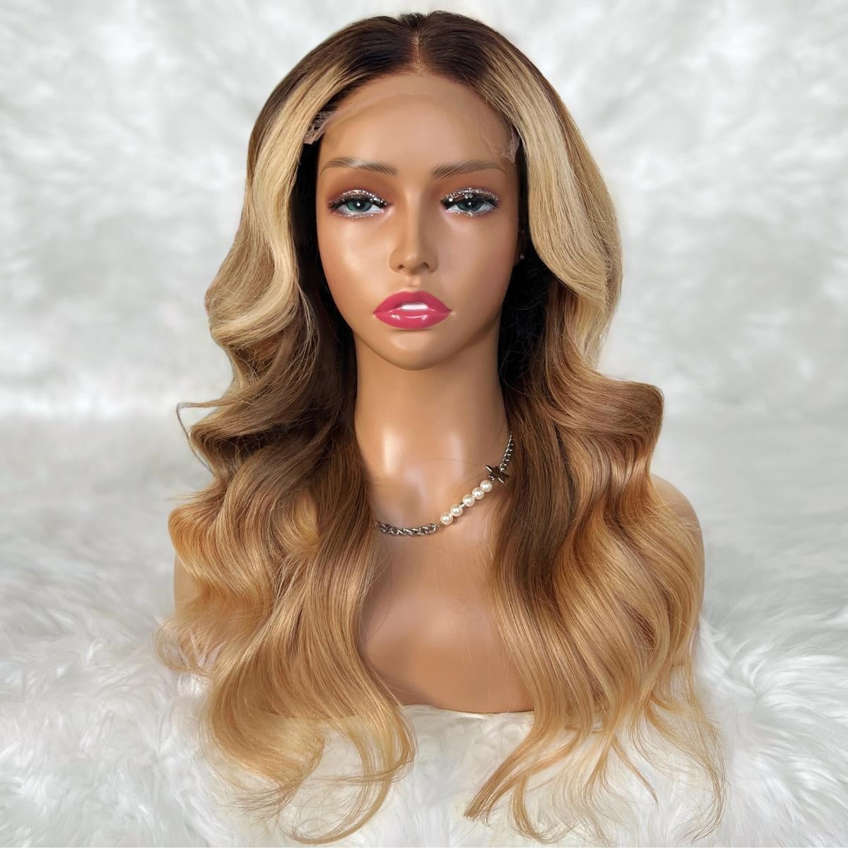 Raw Body Wave Glueless 5x5 HD Lace Closure Wig - Chocolate Brown / Honey Blonde Ombre (4/27) - honey blonde body wave with dark shadow root, long waves, front view