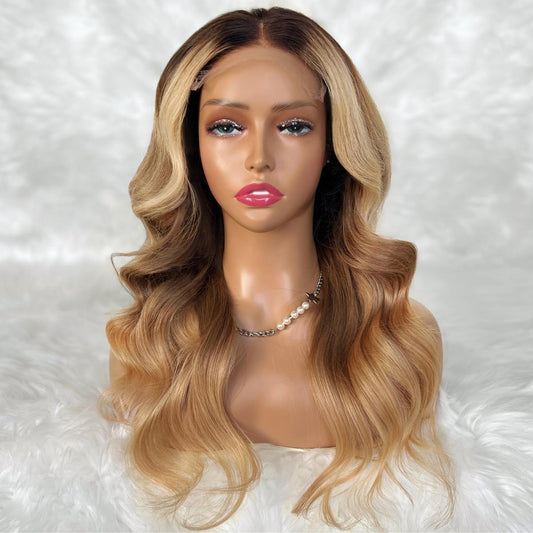 Raw Body Wave Glueless 5x5 HD Lace Closure Wig - Chocolate Brown / Honey Blonde Ombre (4/27) - honey blonde body wave with dark shadow root, long waves, front view