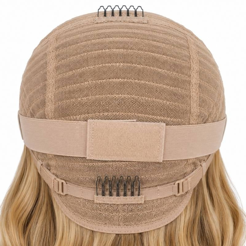 Back of a body wave human hair wig cap showing the elastic band with fastening pad, adjustable buckles and a comb above honey blonde waves
