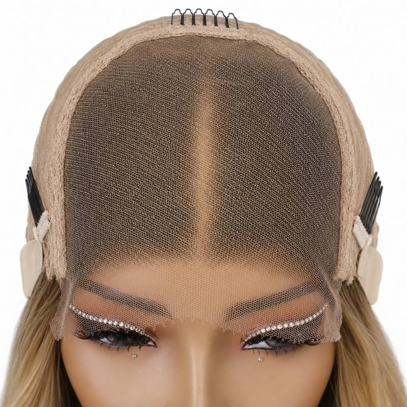 Front of a body wave human hair wig cap on a mannequin showing the closure panel with a centre parting, combs at the temples and lace at the hairline