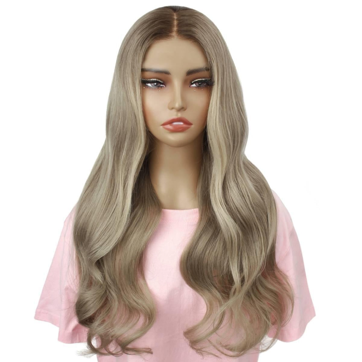 Raw Body Wave Glueless 5x5 HD Lace Closure Wig - Chocolate Brown / Platinum Blonde Ombre (4/60) - ash blonde dark-root body wave, long, front view on model