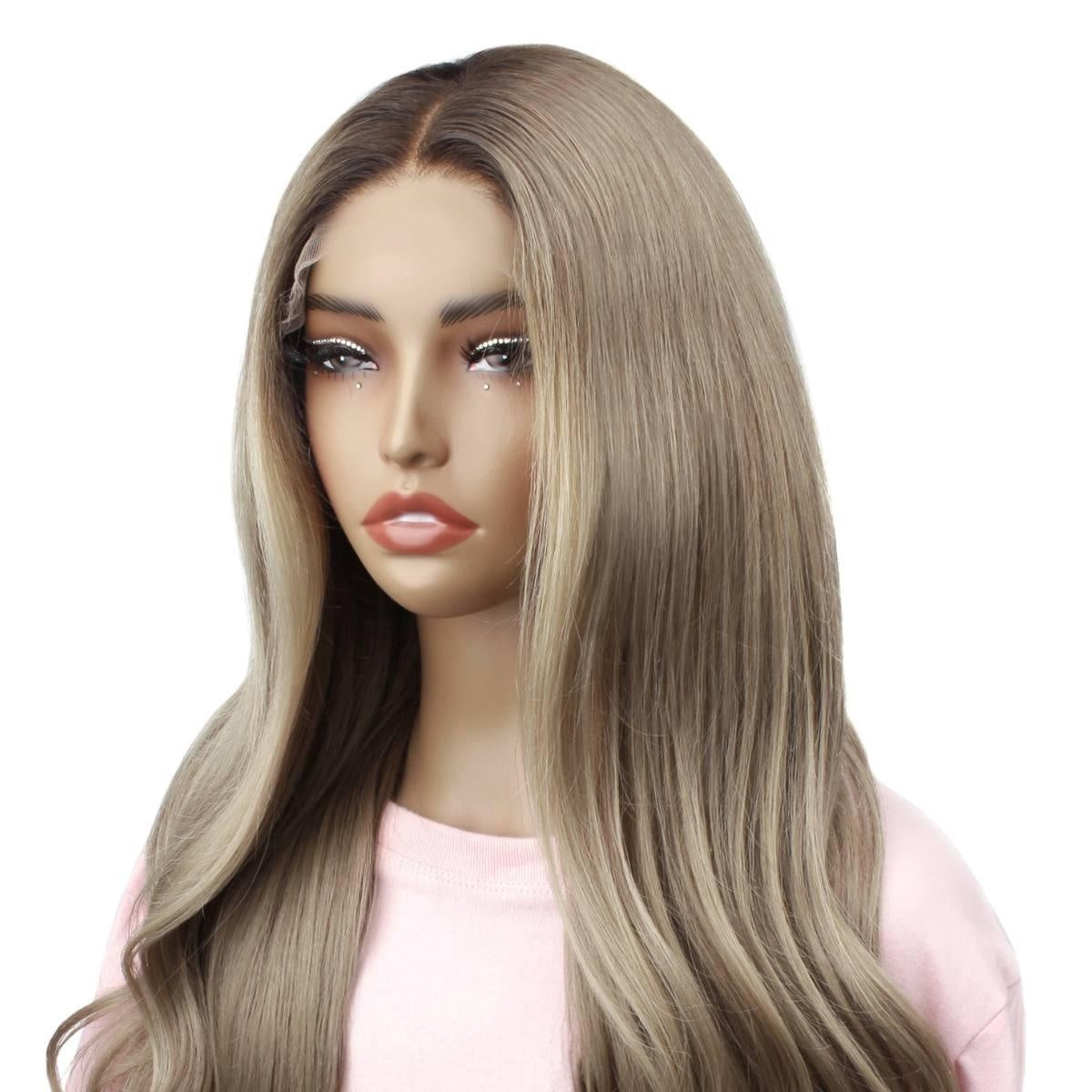 Raw Body Wave Glueless 5x5 HD Lace Closure Wig - Chocolate Brown / Platinum Blonde Ombre (4/60) - ash blonde straight-to-wavy hair, long, closeup front angle on model