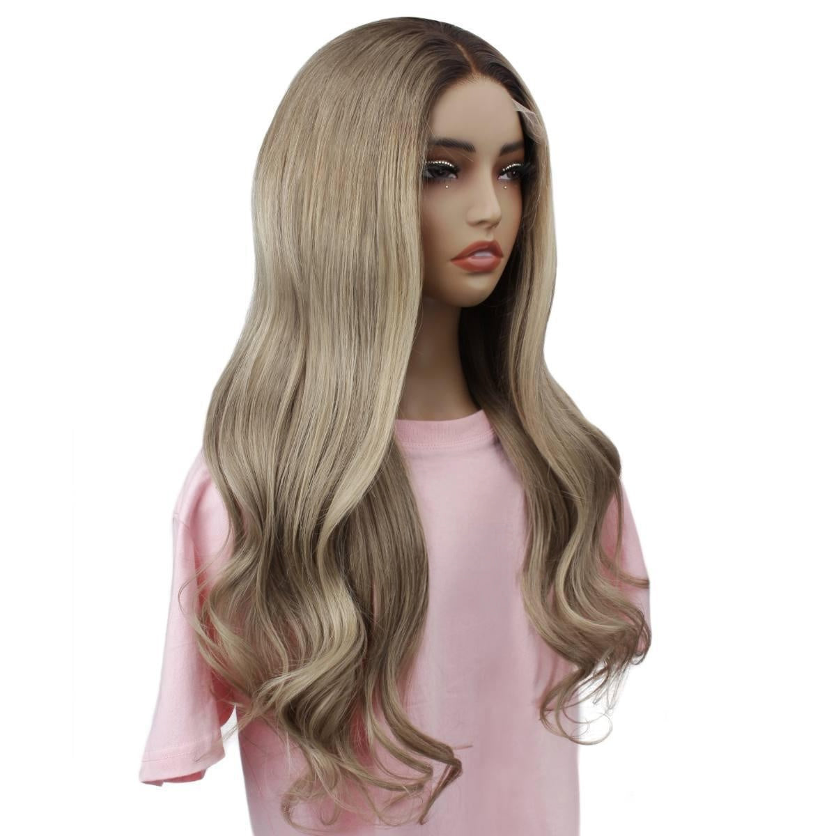 Raw Body Wave Glueless 5x5 HD Lace Closure Wig - Chocolate Brown / Platinum Blonde Ombre (4/60) - ash blonde body wave, long side-swept waves, three-quarter view on model