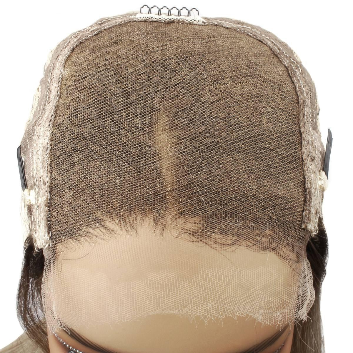 Raw Body Wave Glueless 5x5 HD Lace Closure Wig - Chocolate Brown / Platinum Blonde Ombre (4/60) - cap interior front view showing HD lace and adjustable straps