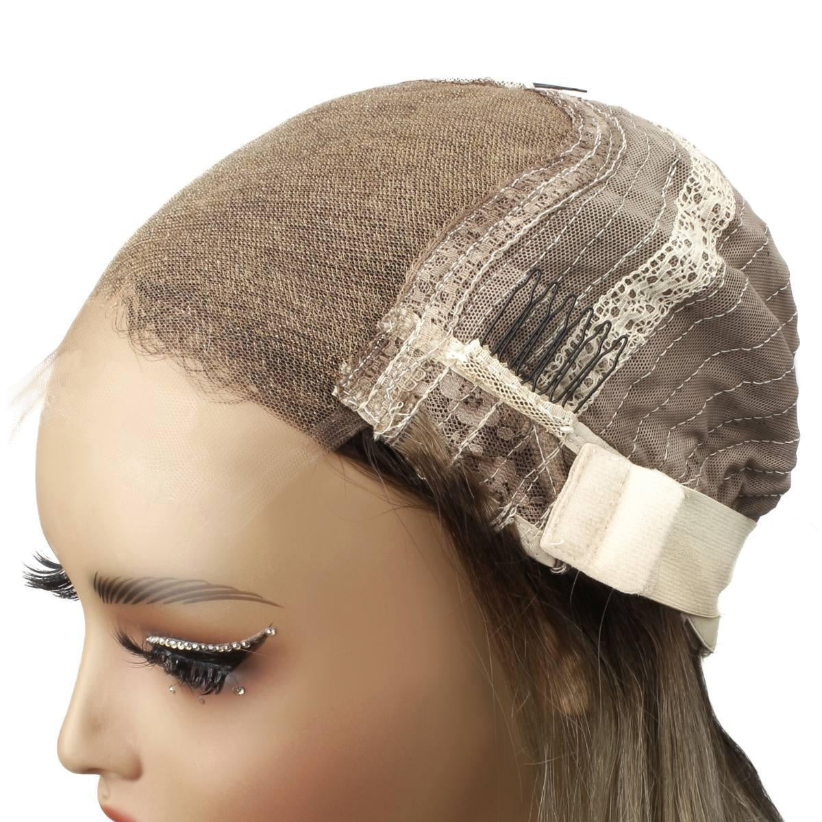 Raw Body Wave Glueless 5x5 HD Lace Closure Wig - Chocolate Brown / Platinum Blonde Ombre (4/60) - cap side view with combs and adjustable strap, ash blonde hair