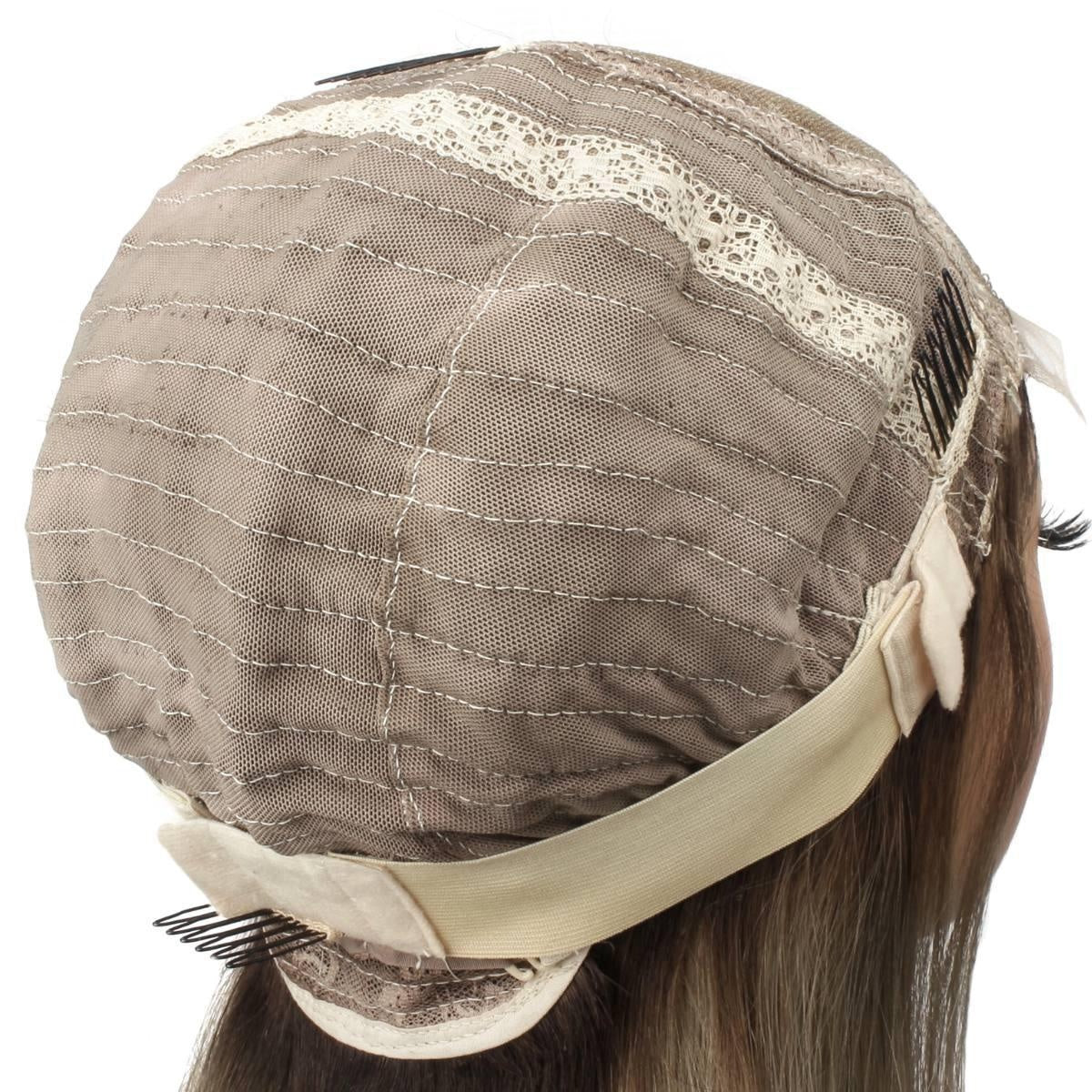 Raw Body Wave Glueless 5x5 HD Lace Closure Wig - Chocolate Brown / Platinum Blonde Ombre (4/60) - cap interior side-back view showing wefts, combs and strap, ash blonde hair