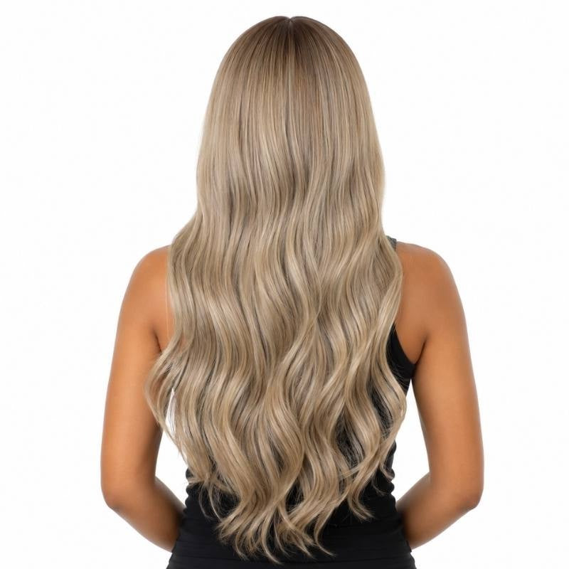 Back view of a chocolate brown to platinum blonde ombre body wave human hair wig on a model showing a darker root and blonde waves