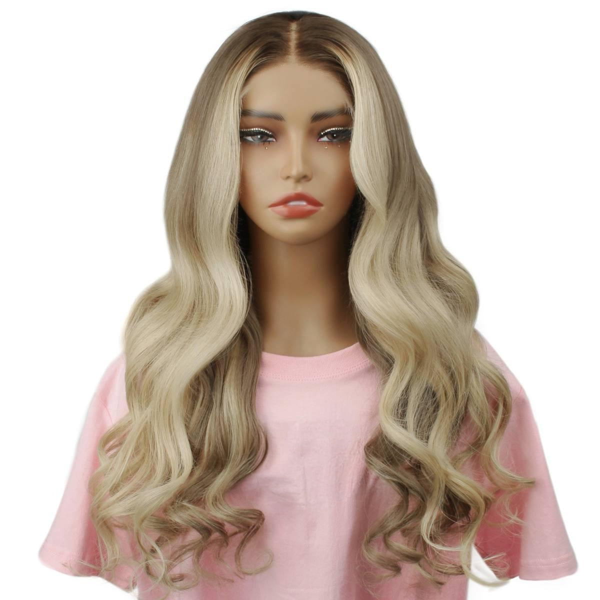 Raw Body Wave Glueless 5x5 HD Lace Closure Wig - Chocolate Brown / Platinum Blonde / Blonde Ombre (4/60/613) - dark-rooted blonde ombre long body wave, front view on mannequin
