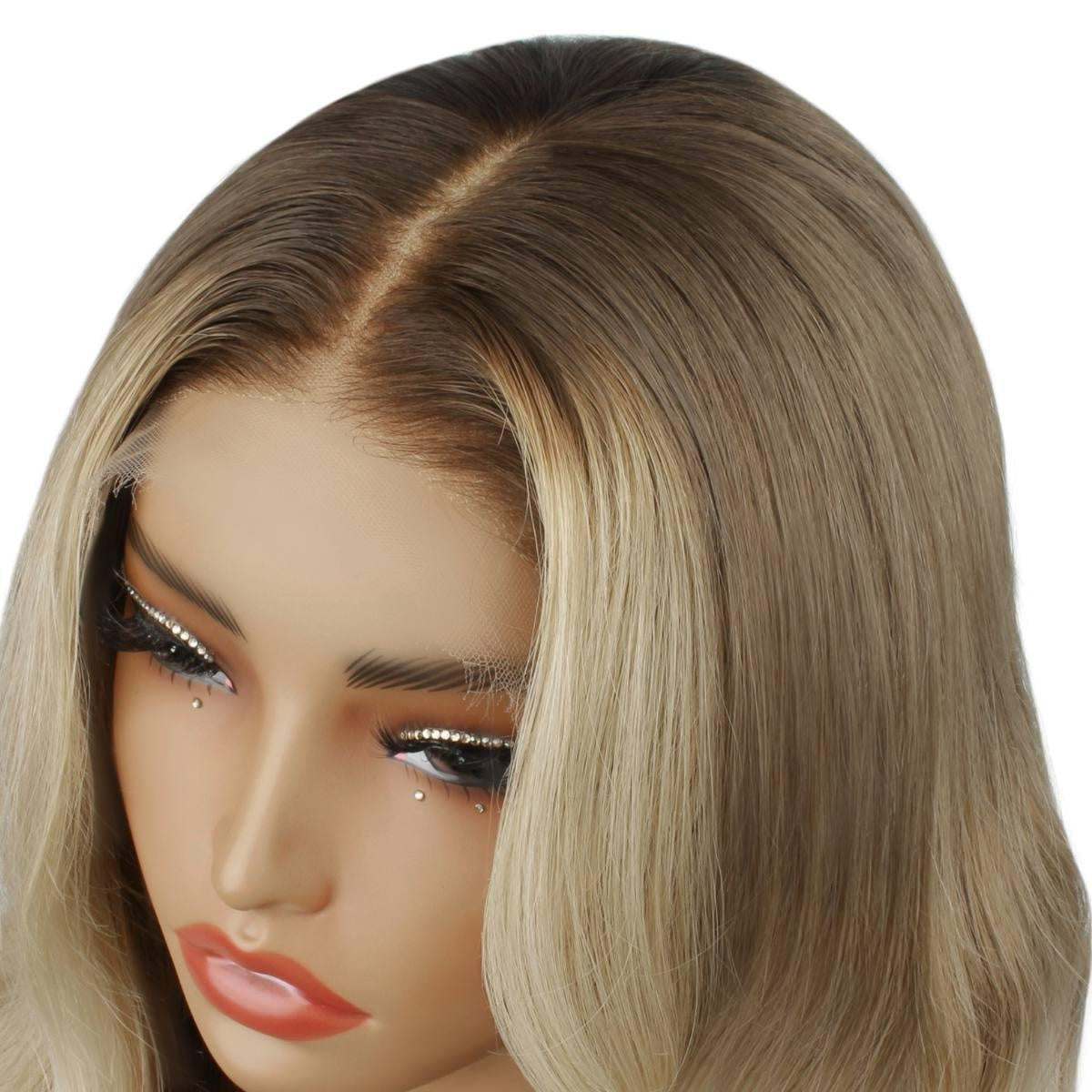 Raw Body Wave Glueless 5x5 HD Lace Closure Wig - Chocolate Brown / Platinum Blonde / Blonde Ombre (4/60/613) - side-part closeup, dark roots blending to ash blonde