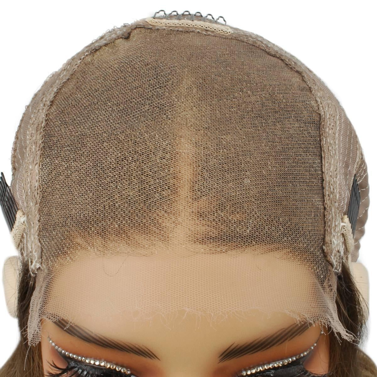 Raw Body Wave Glueless 5x5 HD Lace Closure Wig - Chocolate Brown / Platinum Blonde / Blonde Ombre (4/60/613) - cap interior front showing lace and adjustable combs