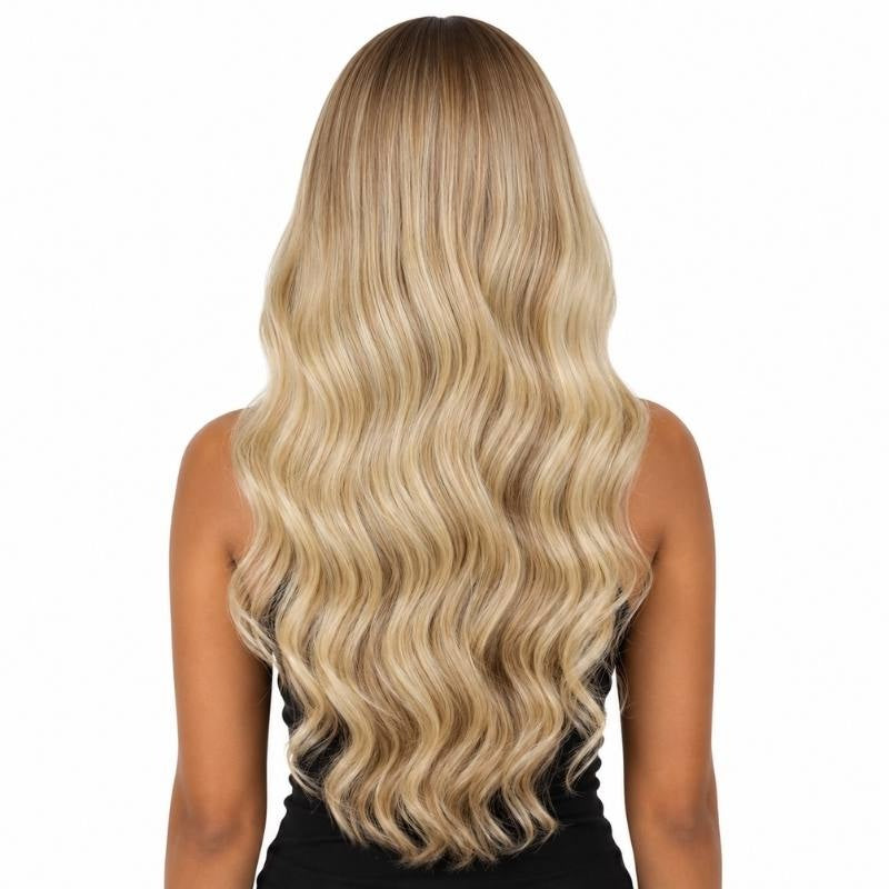 Back view of a model wearing a chocolate brown rooted platinum blonde body wave human hair wig showing the wave pattern down the back